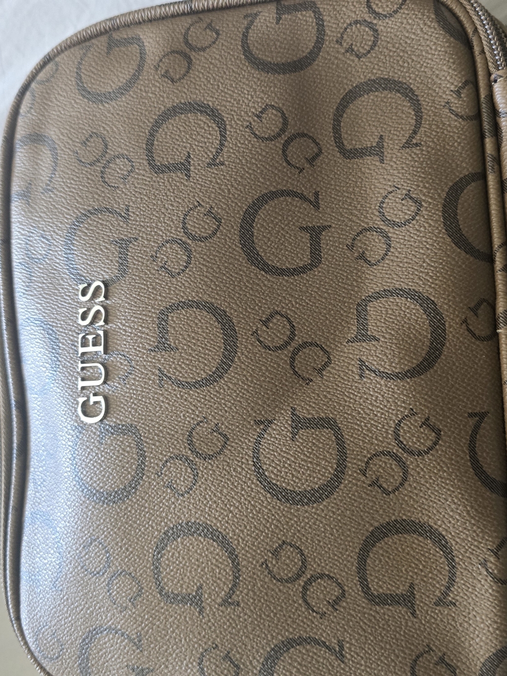 GUESS Brown Monogram Make-up Bag with Silver Logo